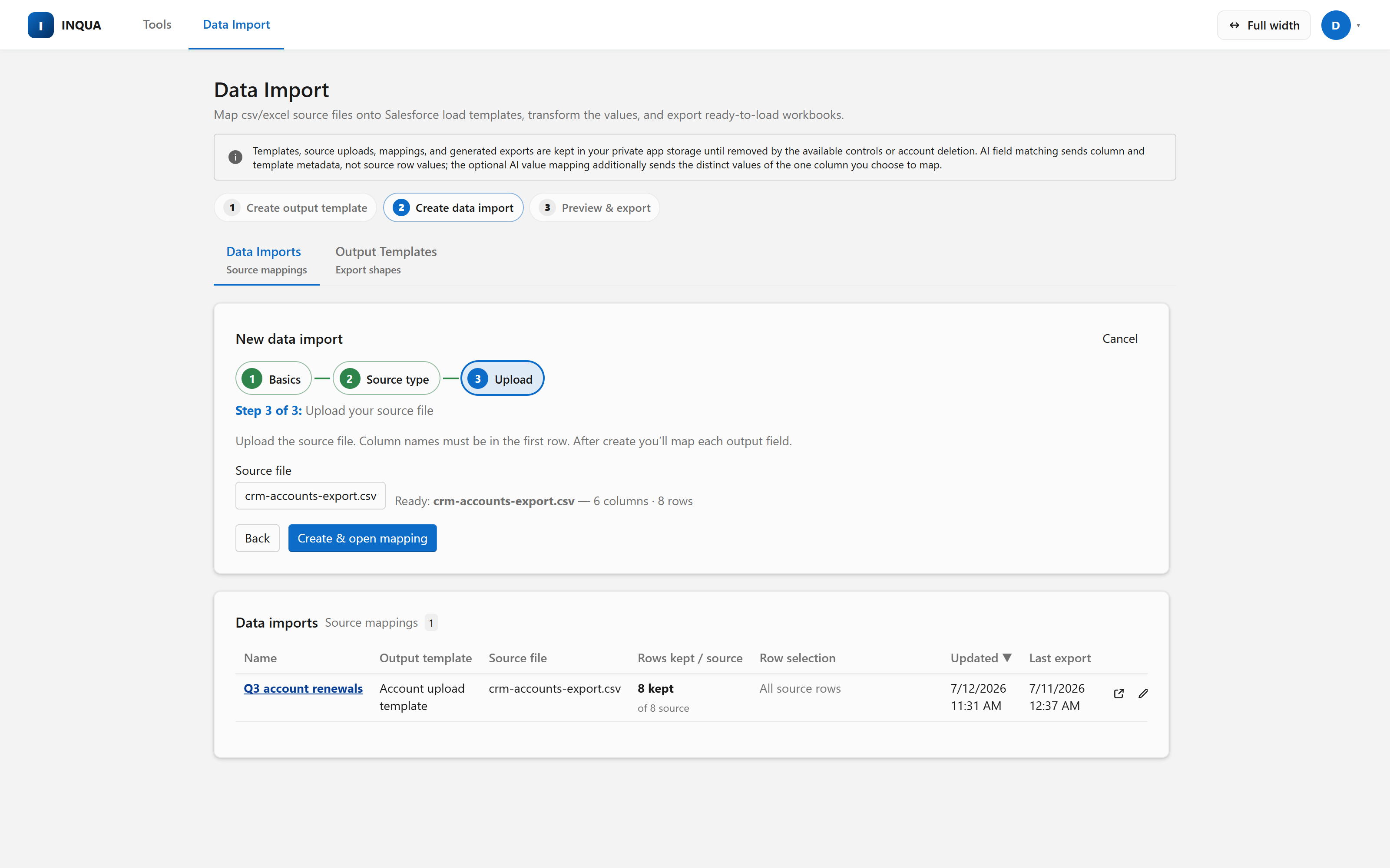 Uploading a CSV source file with detected columns and sample rows ready for mapping