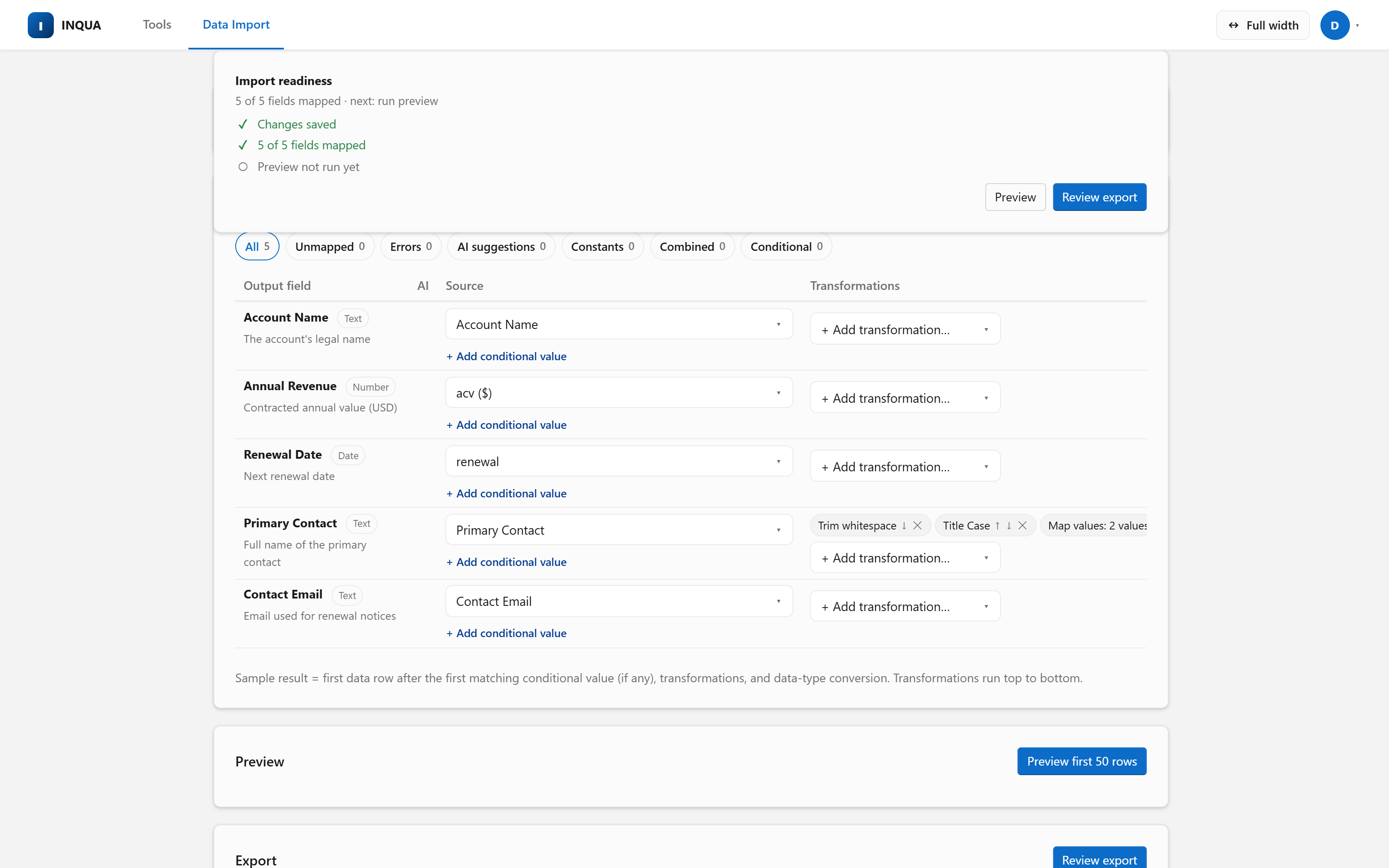 Mapping CSV columns onto Salesforce load-template fields, with chained transformations per column