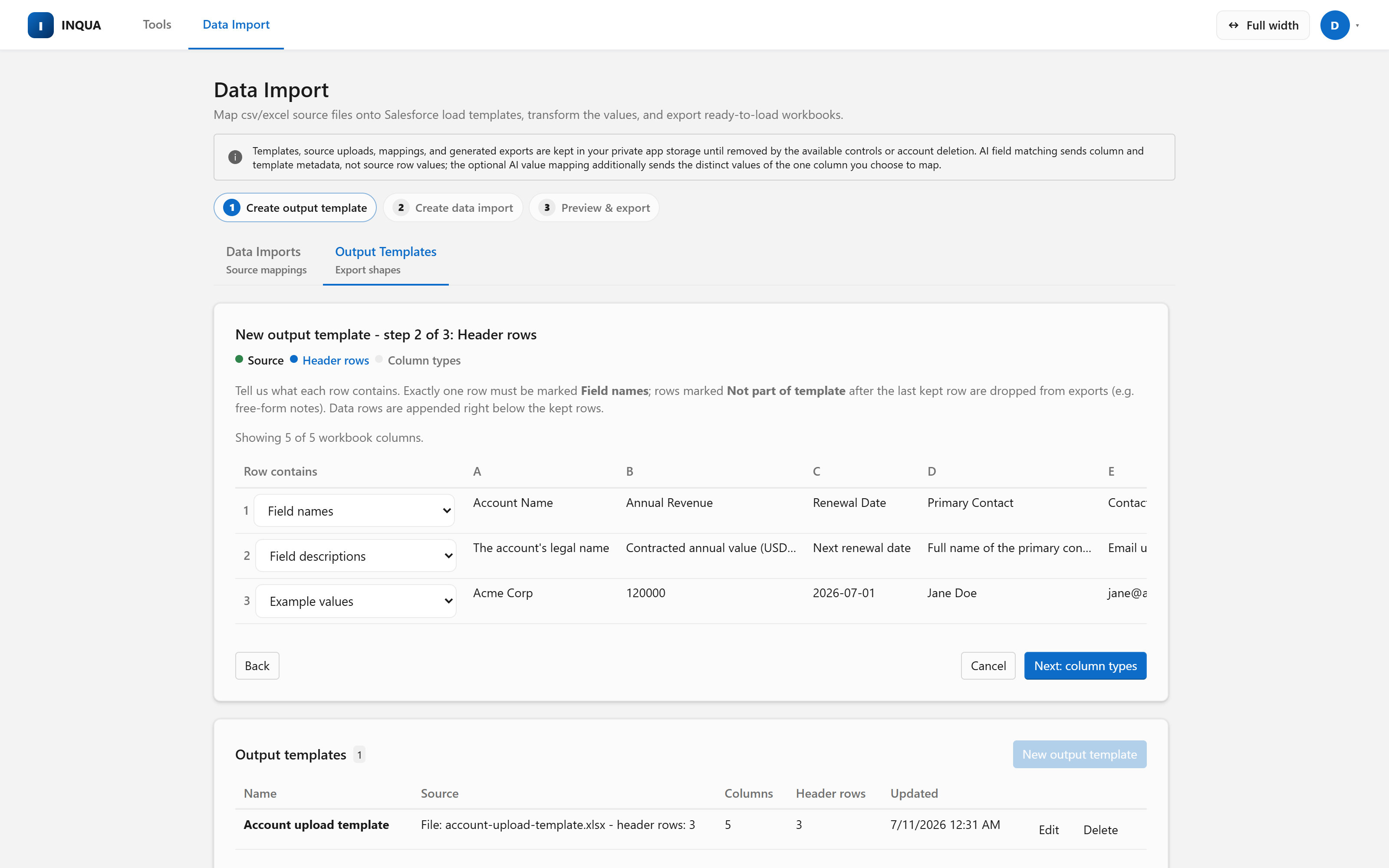 Output template wizard labeling the header rows of an uploaded Excel Salesforce load template