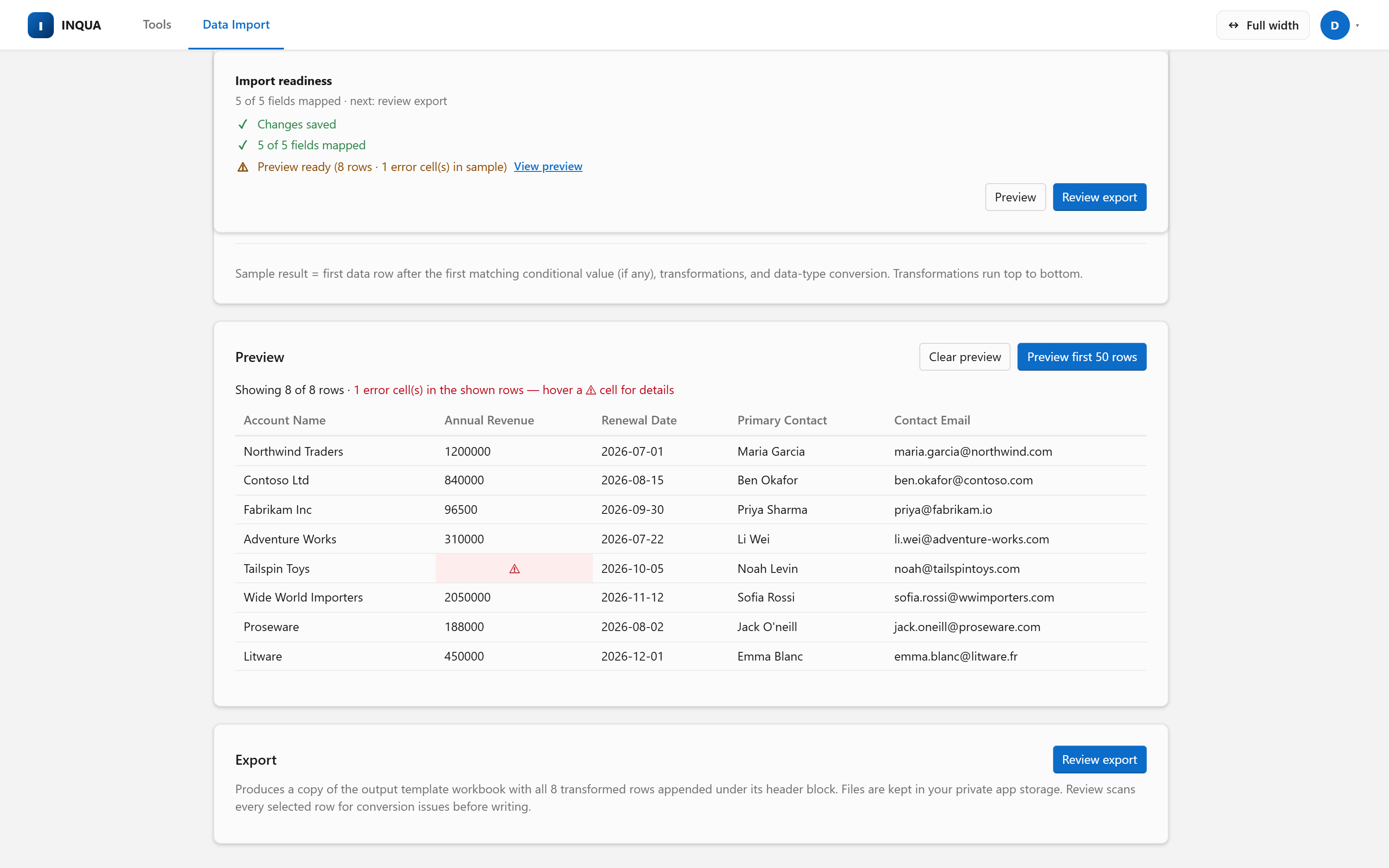 Preview of a Salesforce import: transformed rows with typed numbers and ISO dates, and one cell flagged with a conversion error before any record is written